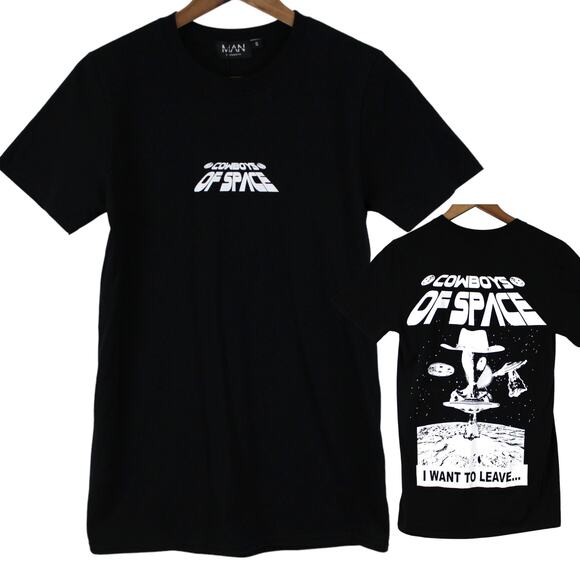 Boohoo Man Size S Cowboys Of Space Graphic T-Shirt‎ Black Short Sleeve Aliens - Picture 1 of 10